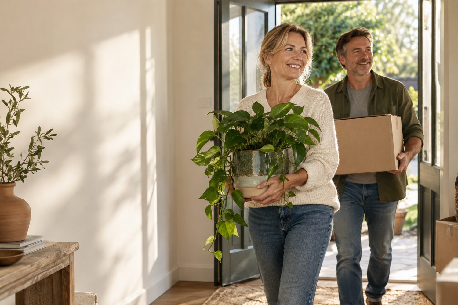 A couple carrying a plant and moving box into a bright new home